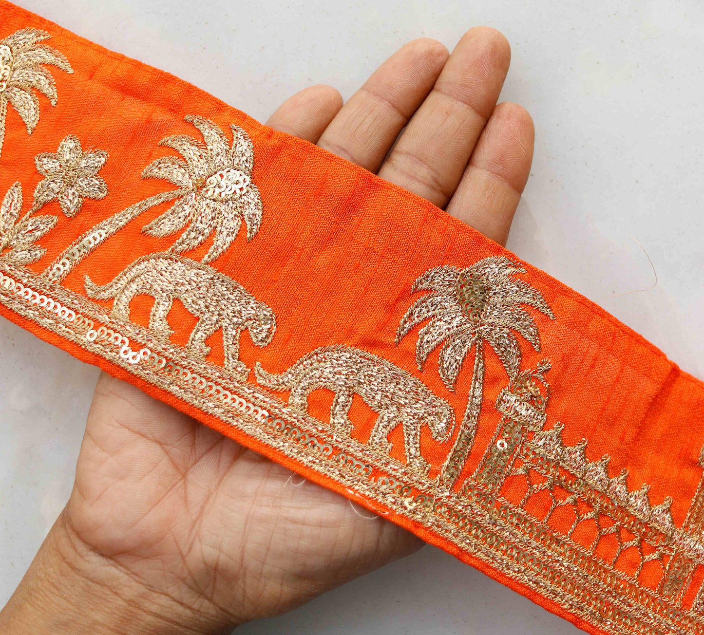 Orange Gold Tiger Palace Trim,Orange Gold Embroidered Palace Border,Boho Animal Lace,Royal Indian Designer Trim,Price/mtr