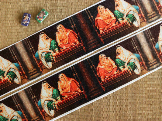 Indian Woman Digital Print Trim, Brown Suede Indian Bride Border, Quirky Boho Digital Print Lace, Bridal Digital Saree Border, Price/mtr