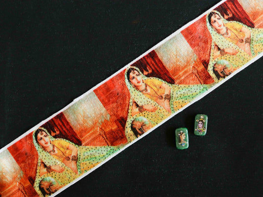 Indian Woman Digital Print Trim,Cream Suede Indian Bride Border,Quirky Boho Digital Print Lace,Bridal Digital Saree Border,Price/mtr