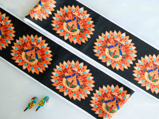 Indian Peacock Digital Print Trim, Black Orange Indian Bird Border, Quirky Boho Digital Print Lace, Bridal Digital Saree Border, Price/mtr