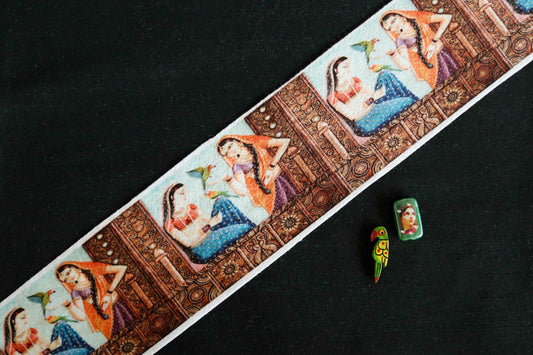 Indian Woman Digital Print Trim,Printed Suede Indian Girl Border,Quirky Boho Digital Print Lace,Bridal Digital Saree Border,Price/mtr