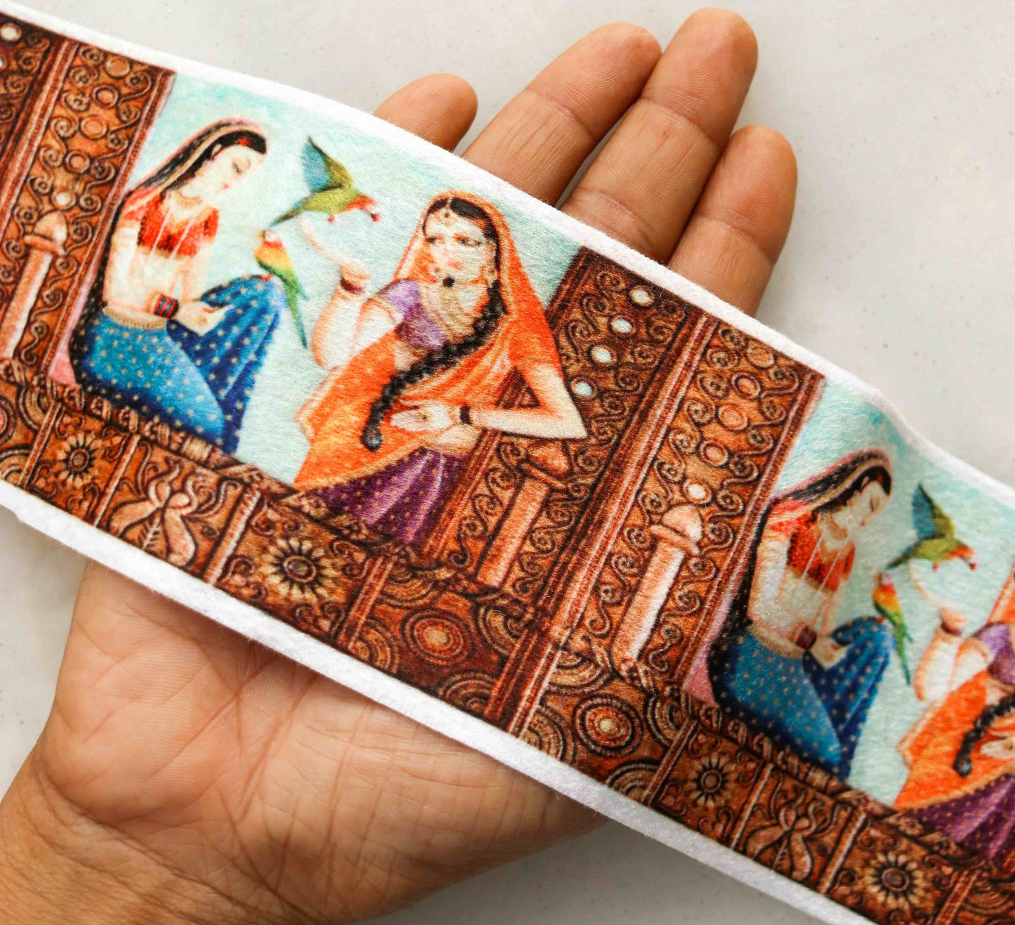 Indian Woman Digital Print Trim,Printed Suede Indian Girl Border,Quirky Boho Digital Print Lace,Bridal Digital Saree Border,Price/mtr