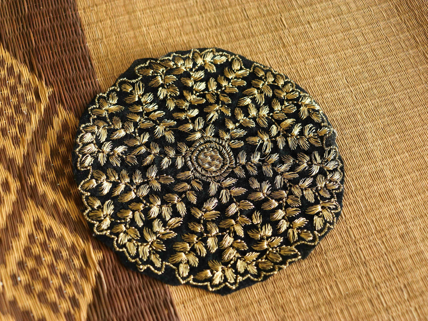 Black Gold Floral Embroidered Patch,Handmade Round Floral Applique,Large Indian Fabric Patch,DIY Denim Jacket Patch,Boho Applique
