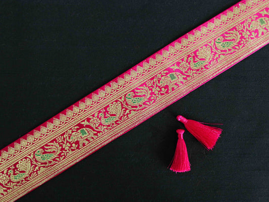 Pink Peacock Elephant Banarasi Trim,Handmade Pink Banarasi Border,Indian Brocade Lace,Designer Pink Bird Saree Border,Price/mtr