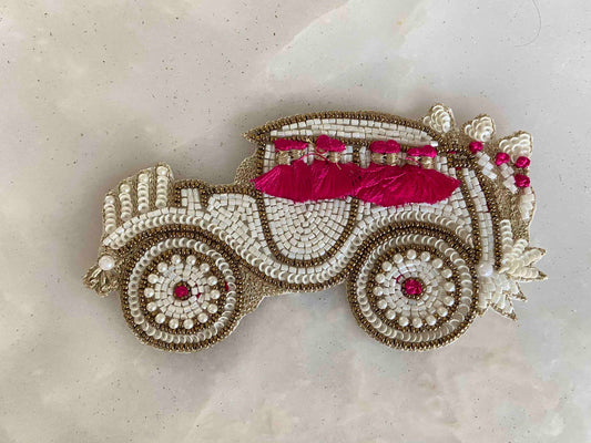 White Beaded Embroidered Car patch,Handmade White Buggy applique,Boho Quirky Vehicle patch,White Wedding Applique,DIY Patch