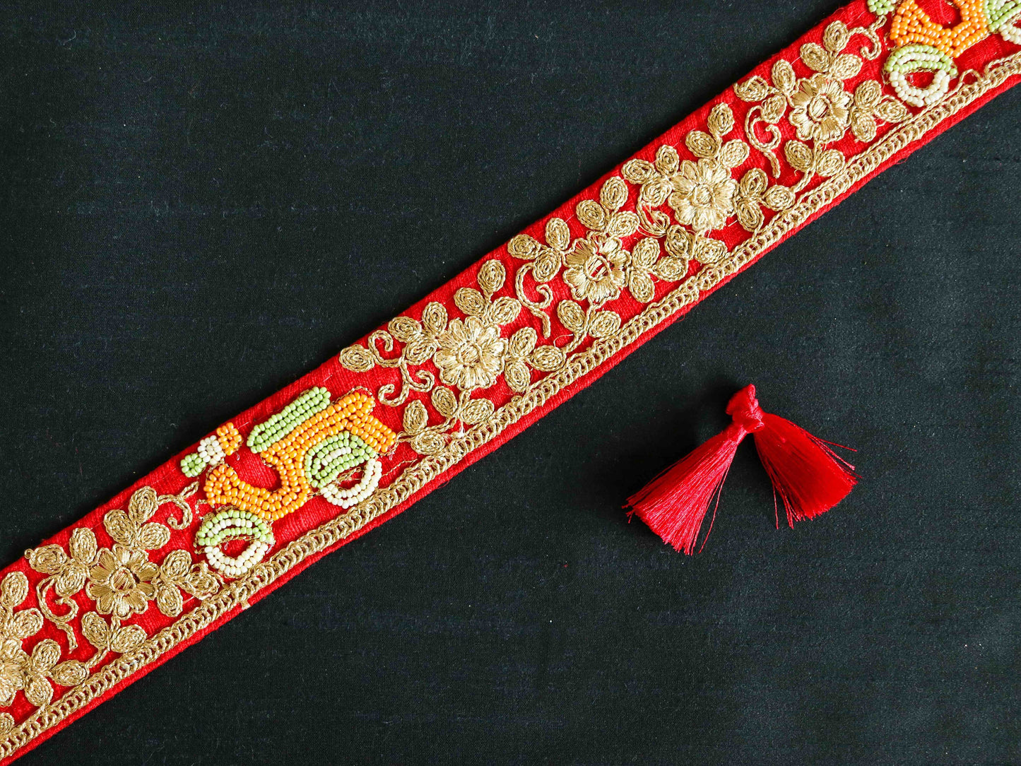 Red Gold Scooter Embroidered Trim,Quirky Orange Scooter Border,Vehicle Embroidery Lace,Indian Trim,Boho Red Gold Saree Border,Price/mtr