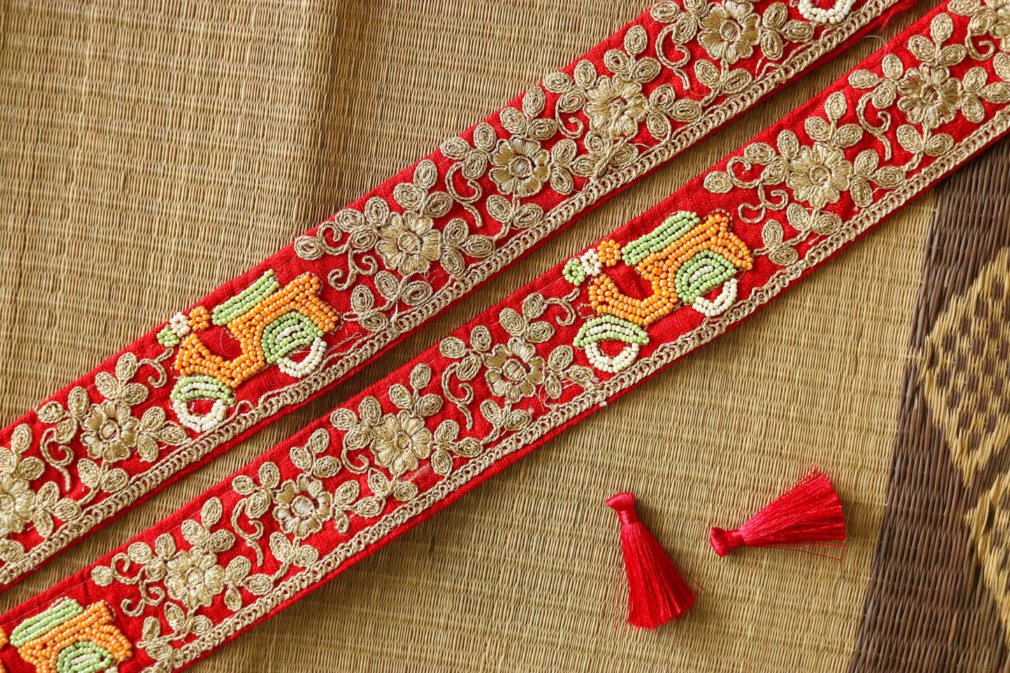 Red Gold Scooter Embroidered Trim,Quirky Orange Scooter Border,Vehicle Embroidery Lace,Indian Trim,Boho Red Gold Saree Border,Price/mtr