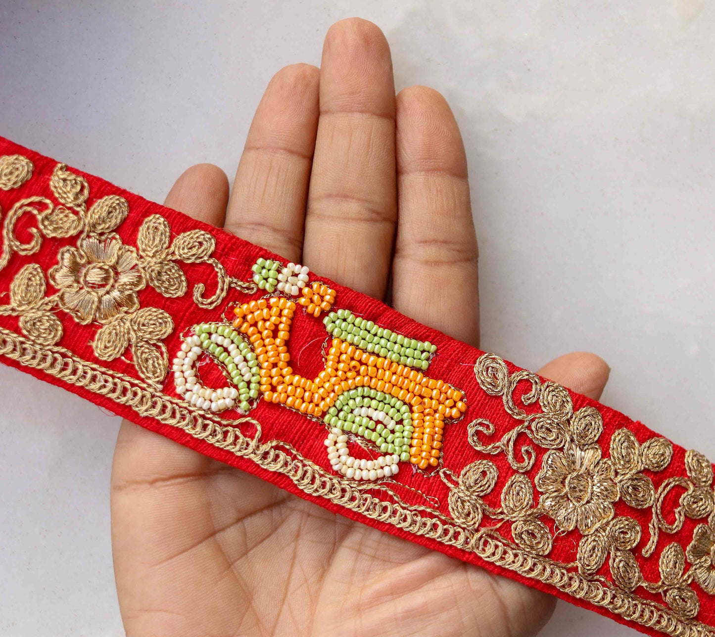 Red Gold Scooter Embroidered Trim,Quirky Orange Scooter Border,Vehicle Embroidery Lace,Indian Trim,Boho Red Gold Saree Border,Price/mtr