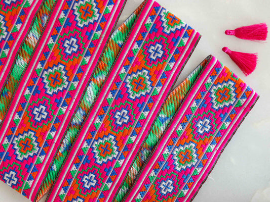 Pink Orange Geometric Jacquard Trim,Pink Orange Brocade Border,Indian Brocade Lace,Boho Pink Trim,Pink Floral Saree Border,Price/mtr