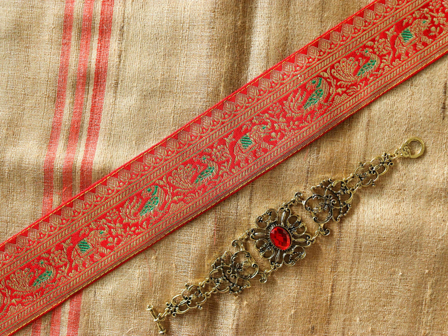 Red Peacock Elephant Banarasi Trim,Handmade Red Banarasi Border,Indian Brocade Lace,Designer Red Bird Saree Border,Price/mtr