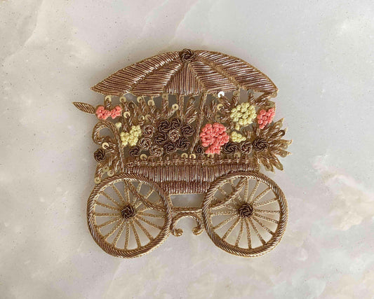 Vintage Flower Cart Embroidered patch,Handmade Golden Cart applique,Boho Vehicle patch,Gold Zari Vintage Sew on DIY Patch