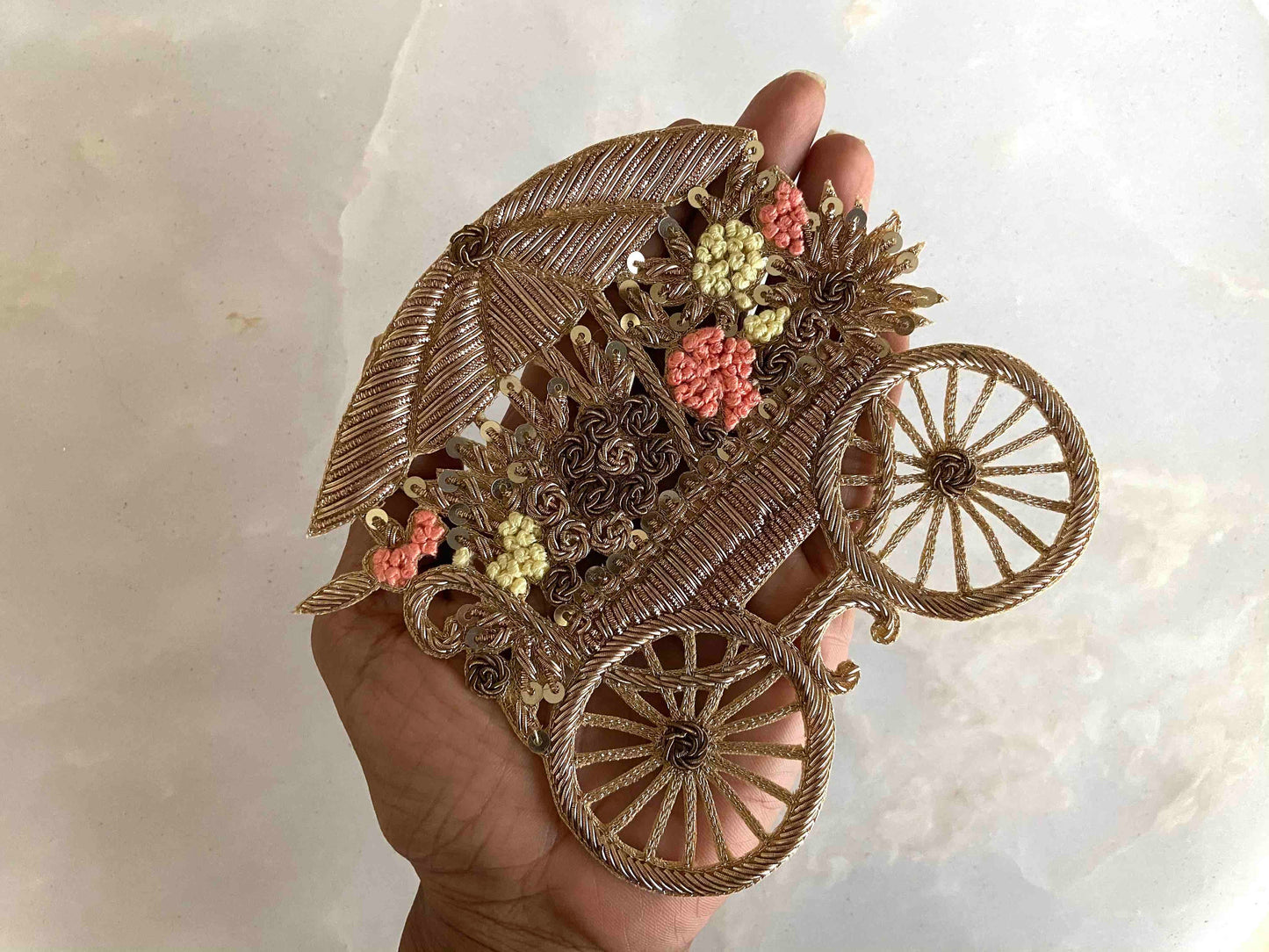 Vintage Flower Cart Embroidered patch,Handmade Golden Cart applique,Boho Vehicle patch,Gold Zari Vintage Sew on DIY Patch
