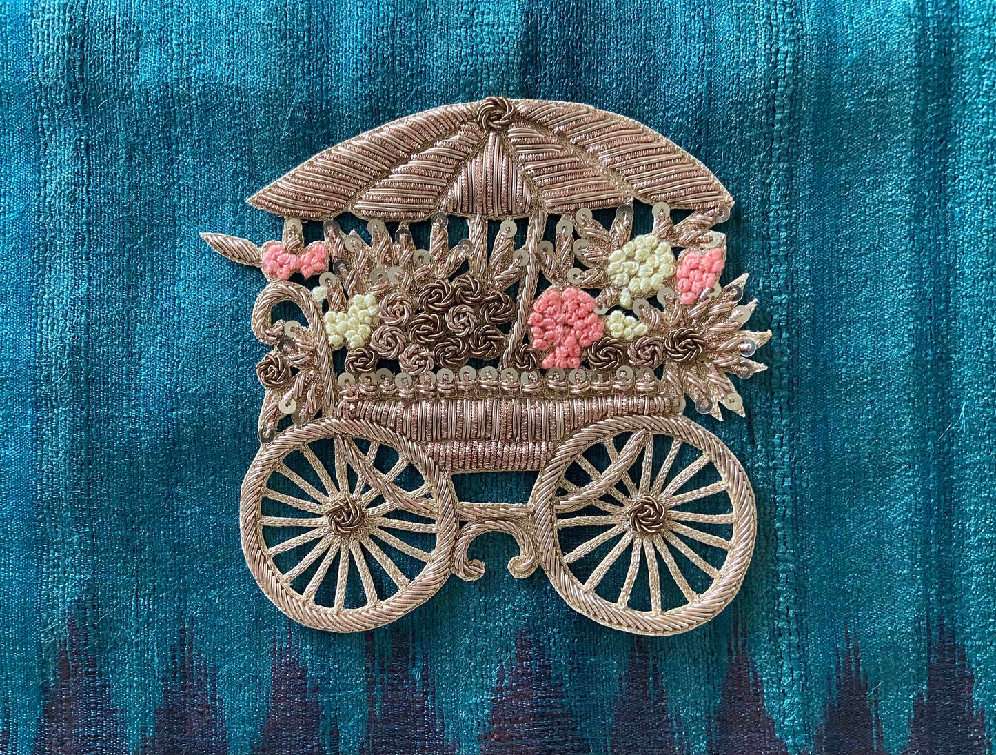 Vintage Flower Cart Embroidered patch,Handmade Golden Cart applique,Boho Vehicle patch,Gold Zari Vintage Sew on DIY Patch