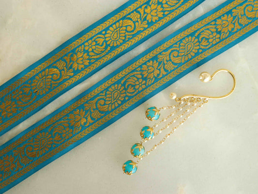 Blue Gold Floral Jacquard Trim,Brocade Paithani Border,Indian Brocade Lace,Blue Gold Vintage Trim,Blue Saree Border,Price/mtr