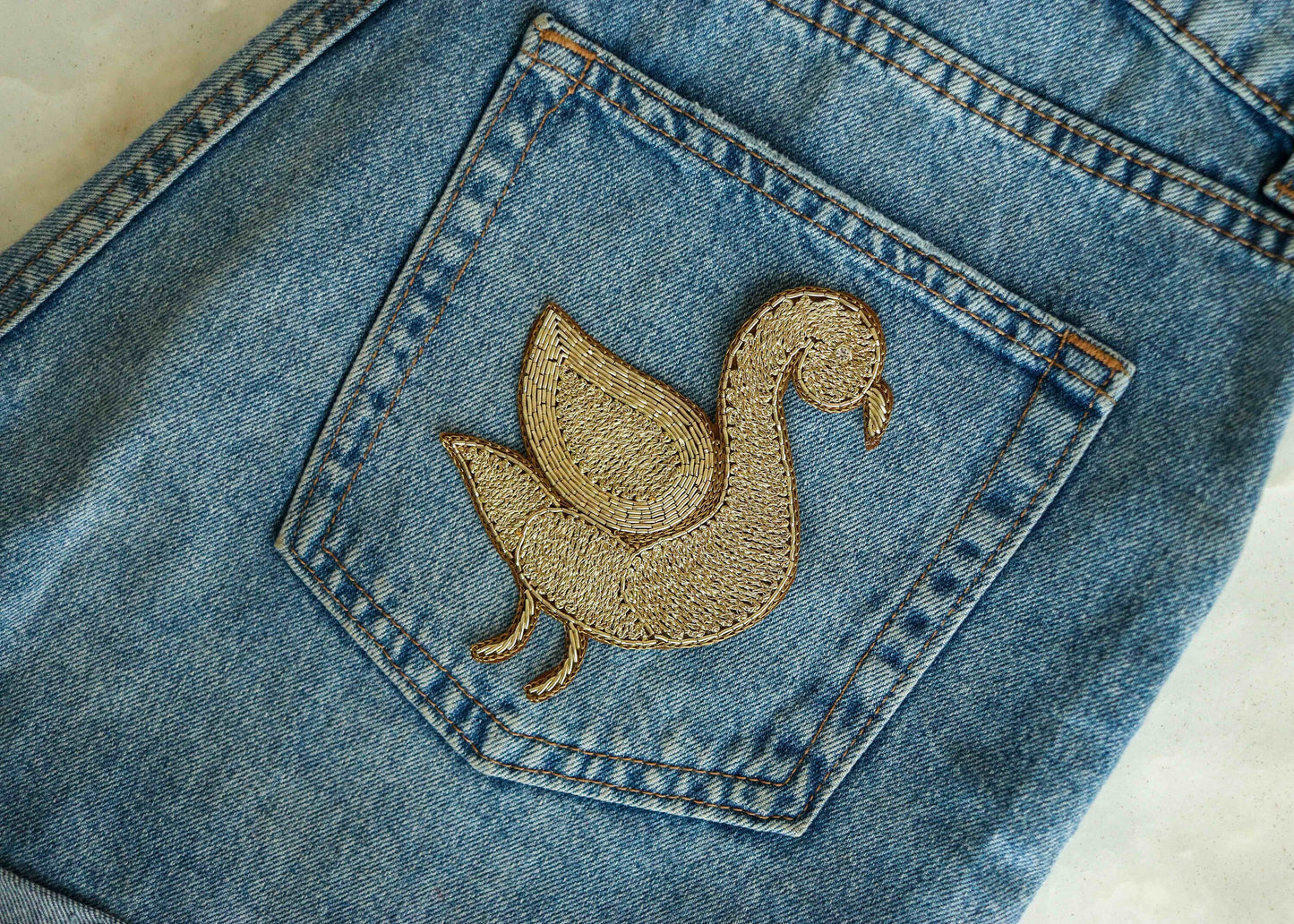 Golden Duck embroidered patch,Handmade Duck applique,Golden Indian bird zari patch,Sew on applique,Boho DIY Bird Patch