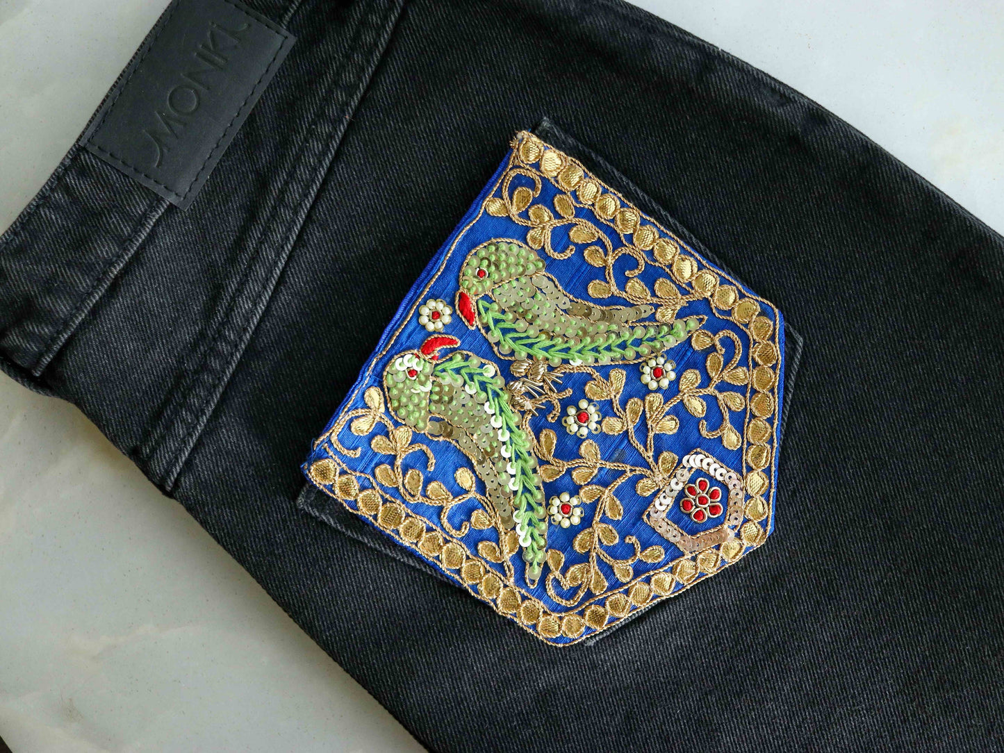 Blue Gold Embroidered Pocket Patch,Handmade Indian Blue Pocket Applique,Boho Kitschy Floral Bird Patch,DIY Denim Jacket Patch