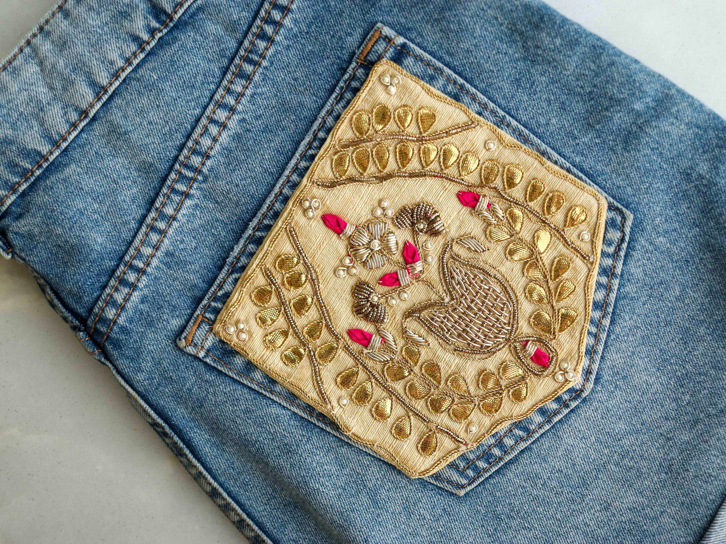 Beige Gold Embroidered Pocket Patch,Handmade Indian Beige Pocket Applique,Boho Kitschy Floral Bird Patch,DIY Denim Jacket Patch