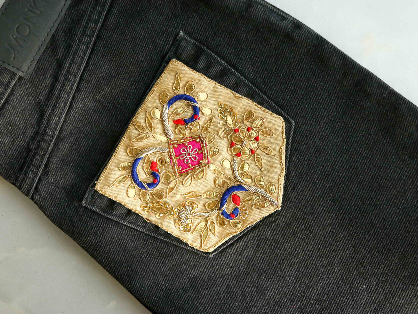 Beige Gold Embroidered Pocket Patch,Handmade Indian Beige Pocket Applique,Boho Kitschy Floral Bird Patch,DIY Denim Jacket Patch