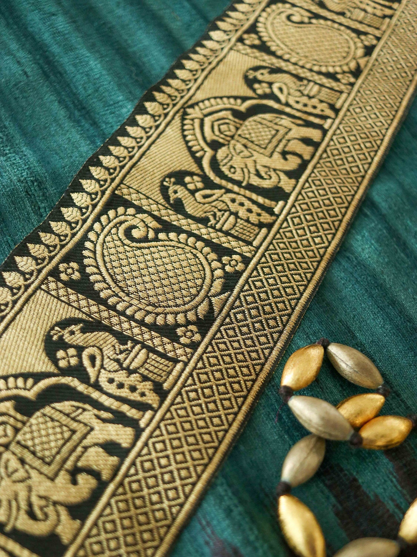 Black Peacock Elephant Banarasi Trim,Black Gold Banarasi Border,Indian Brocade Lace,Designer Black Saree Border,Price/mtr