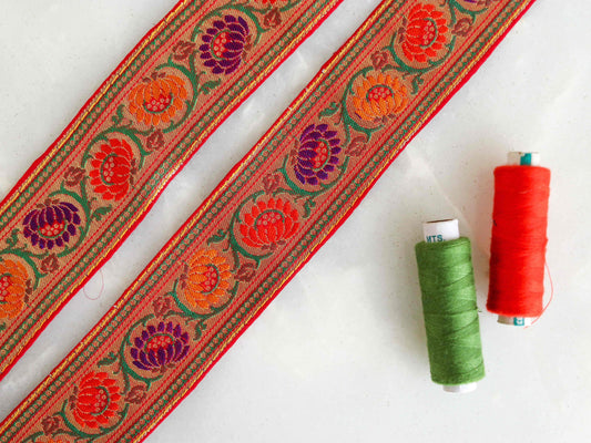 Red Orange Floral Banarasi Trim,Brocade Silk Border,Indian Brocade Lace,Banarasi Saree Border,Red Bridal Trim,Price/mtr