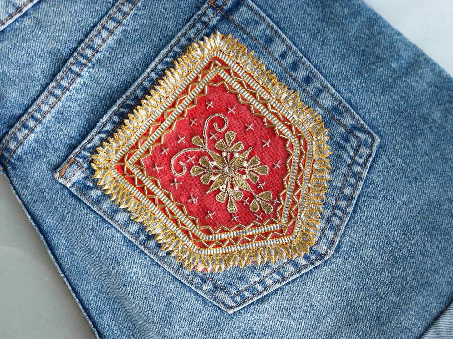 Peach Gold Embroidered Pocket Patch,Handmade Indian Peach Pocket Applique,Boho Kitschy Floral Bird Patch,DIY Denim Jacket Patch