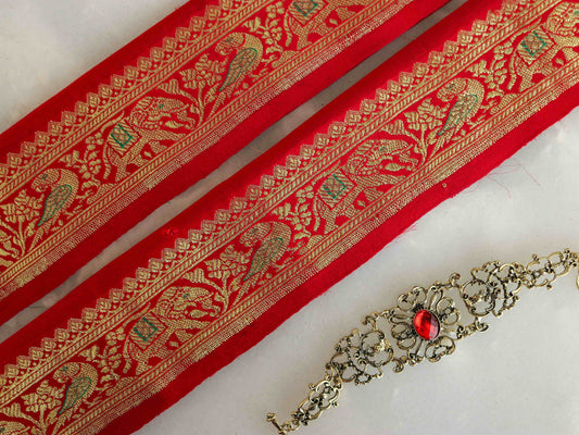 Red Parrot Elephant Banarasi Trim,Handmade Red Banarasi Border,Indian Brocade Lace,Designer Red Bird Saree Border,Price/mtr