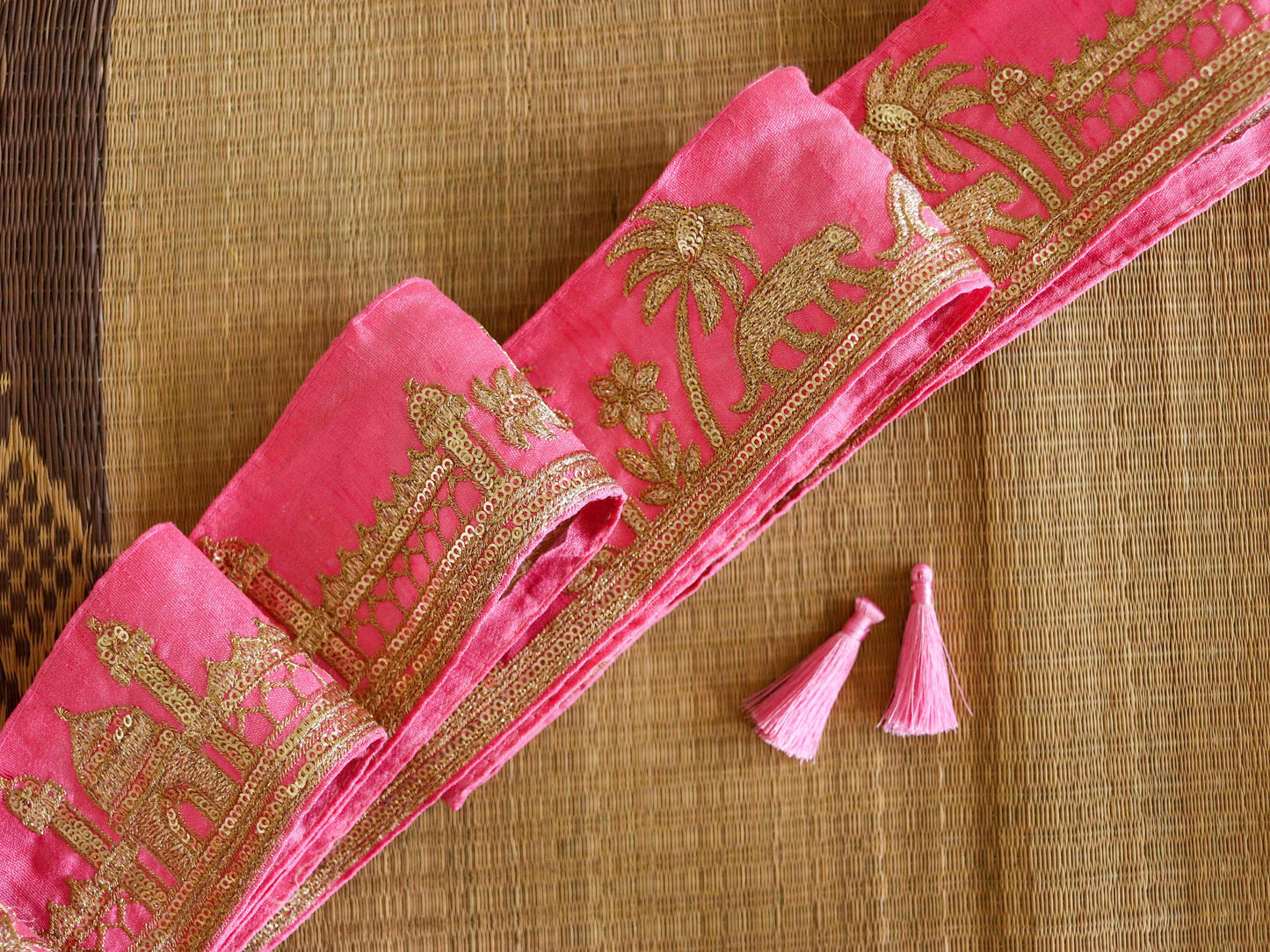 Pink Gold Tiger Palace Trim, Baby Pink Gold Embroidered Palace Border, Boho Animal Lace, Royal Indian Designer Trim, Price/mtr