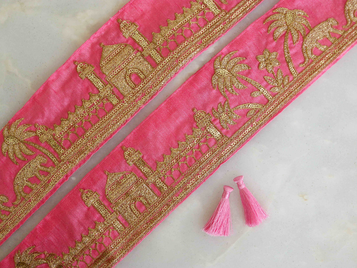 Pink Gold Tiger Palace Trim, Baby Pink Gold Embroidered Palace Border, Boho Animal Lace, Royal Indian Designer Trim, Price/mtr