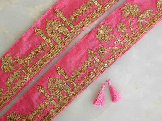 Pink Gold Tiger Palace Trim, Baby Pink Gold Embroidered Palace Border, Boho Animal Lace, Royal Indian Designer Trim, Price/mtr