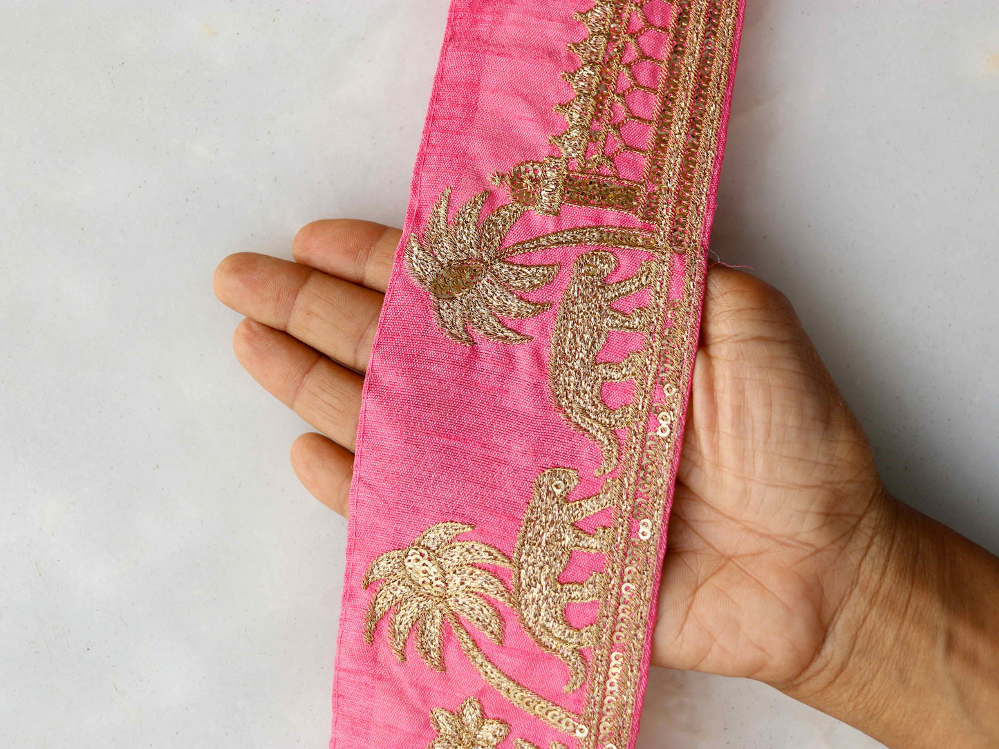 Pink Gold Tiger Palace Trim, Baby Pink Gold Embroidered Palace Border, Boho Animal Lace, Royal Indian Designer Trim, Price/mtr