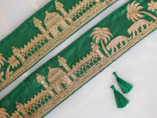 Green Gold Tiger Palace Trim,Green Gold Embroidered Palace Border,Boho Animal Lace,Royal Indian Designer Trim,Price/mtr