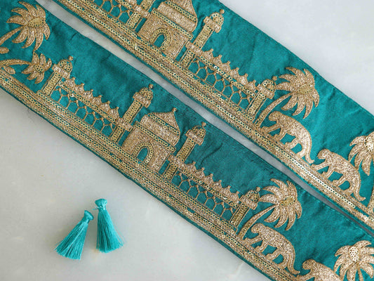 Green Gold Tiger Palace Trim,Green Gold Embroidered Palace Border,Boho Animal Lace,Royal Indian Designer Trim,Price/mtr