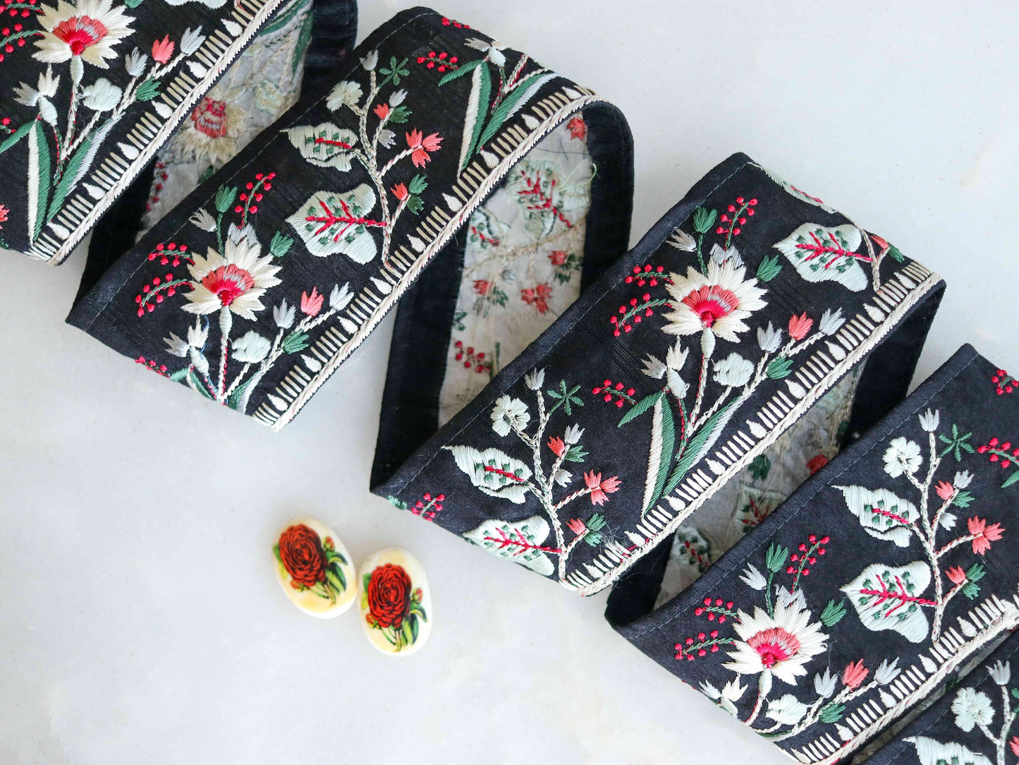 Black White Floral Embroidered Trim,Indian Fabric Embroidered Border,Parsi Embroidery Lace,Black Saree Border,Price/mtr