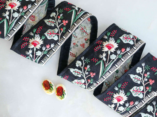 Black White Floral Embroidered Trim,Indian Fabric Embroidered Border,Parsi Embroidery Lace,Black Saree Border,Price/mtr