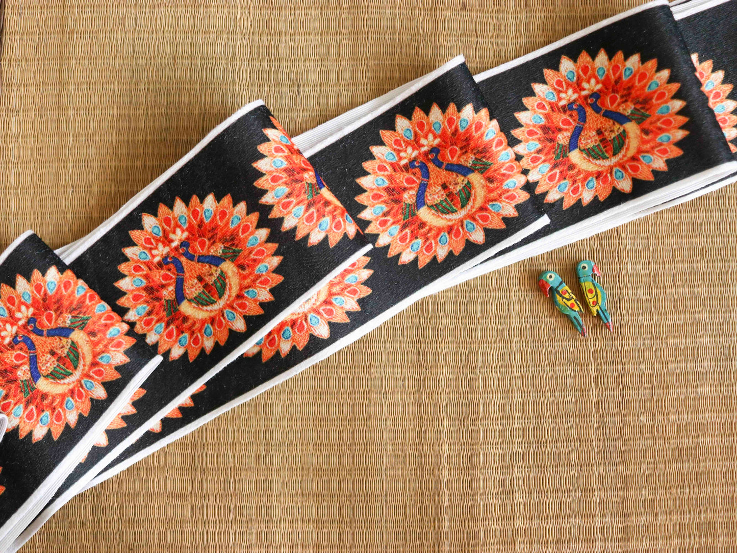 Indian Peacock Digital Print Trim,Black Orange Indian Bird Border,Quirky Boho Digital Print Lace,Bridal Digital Saree Border,Price/mtr