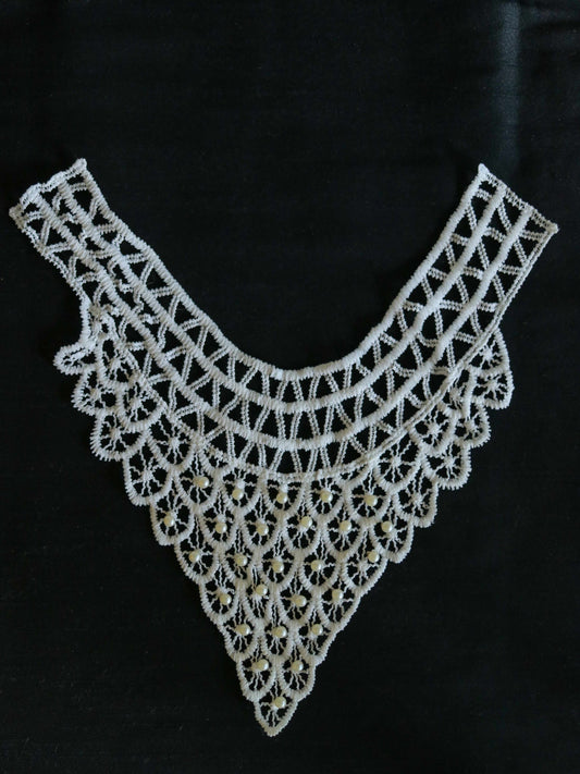 White Beaded Crochet Neckline Patch,Handmade Vintage Collar Patch,White Crochet Crafting DIY Neck Patch,Backline Applique