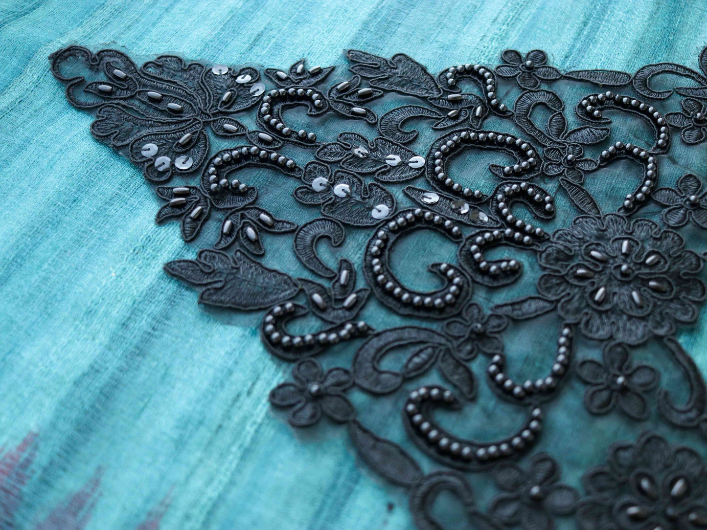 Black Beaded Embroidered Neckline Patch,Handmade Vintage Collar Patch,Black Beaded Crafting DIY Neck Patch,Backline Applique