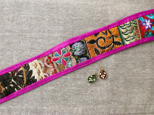 Boho Pink Patchwork Embroidered Trim,Upcycled Embroidered Lace,Pink Blue Gold Floral Border,Indian Patchwork Khichdi Saree Border,Price/mt