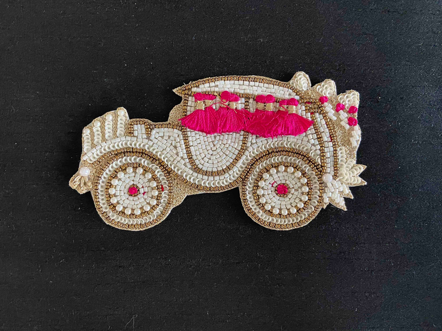 White Beaded Embroidered Car patch,Handmade White Buggy applique,Boho Quirky Vehicle patch,White Wedding Applique,DIY Patch
