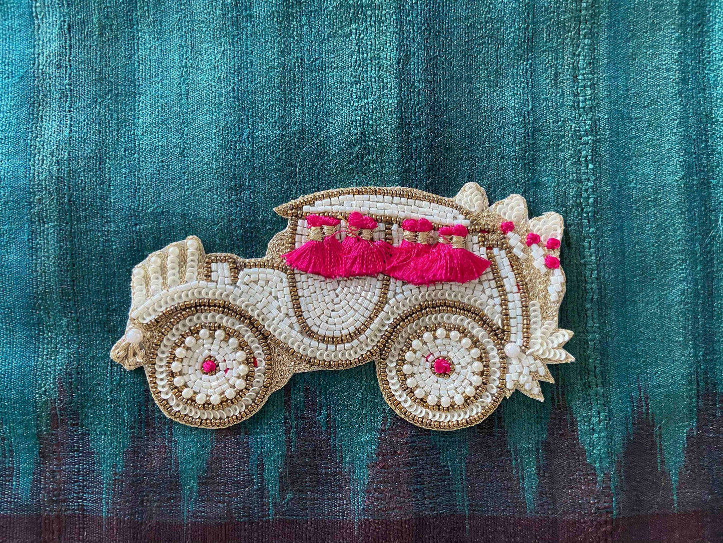 White Beaded Embroidered Car patch,Handmade White Buggy applique,Boho Quirky Vehicle patch,White Wedding Applique,DIY Patch