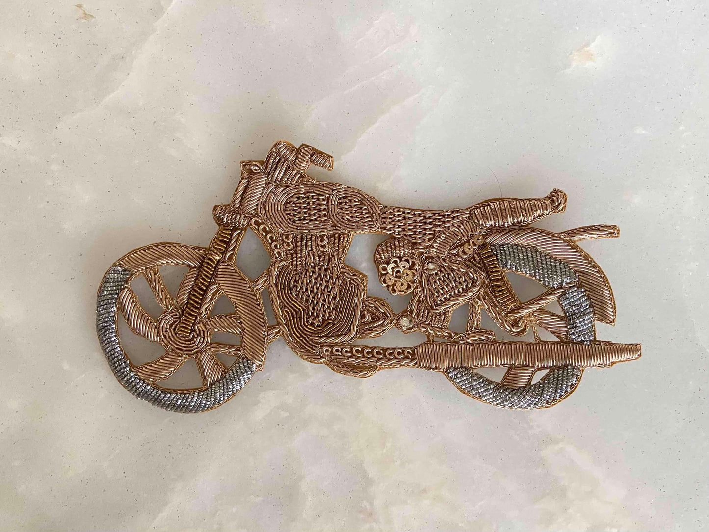 Quirky Motorcycle Golden Embroidered patch,Handmade Bike applique,Boho Vehicle patch,Gold Zari Motorcycle Sew on DIY Patch