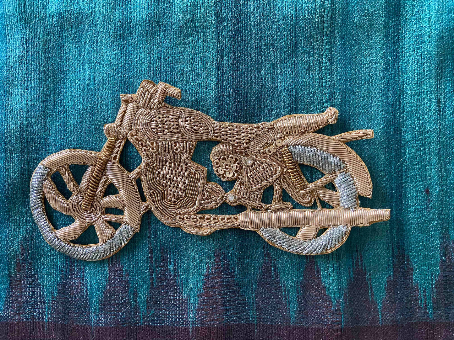 Quirky Motorcycle Golden Embroidered patch,Handmade Bike applique,Boho Vehicle patch,Gold Zari Motorcycle Sew on DIY Patch