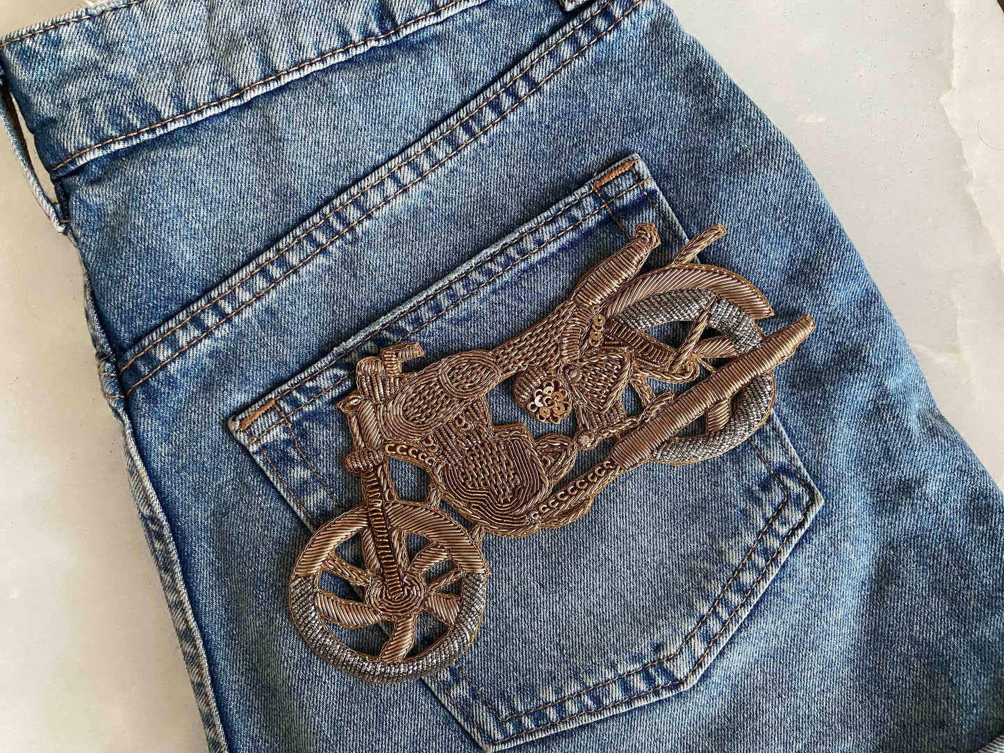 Quirky Motorcycle Golden Embroidered patch,Handmade Bike applique,Boho Vehicle patch,Gold Zari Motorcycle Sew on DIY Patch