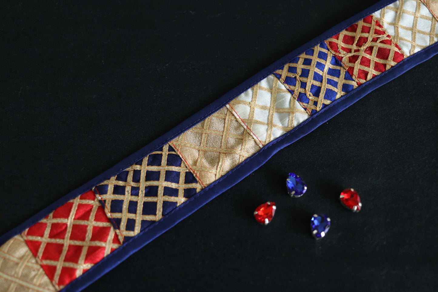 Boho Blue Patchwork Embroidered Trim,Upcycled Embroidered Lace,Blue Gold Gota Border,Indian Patchwork Khichdi Saree Border,Price/mtr