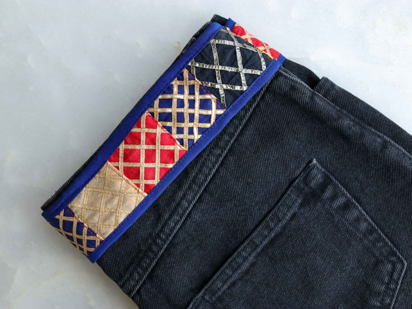 Boho Blue Patchwork Embroidered Trim,Upcycled Embroidered Lace,Blue Gold Gota Border,Indian Patchwork Khichdi Saree Border,Price/mtr