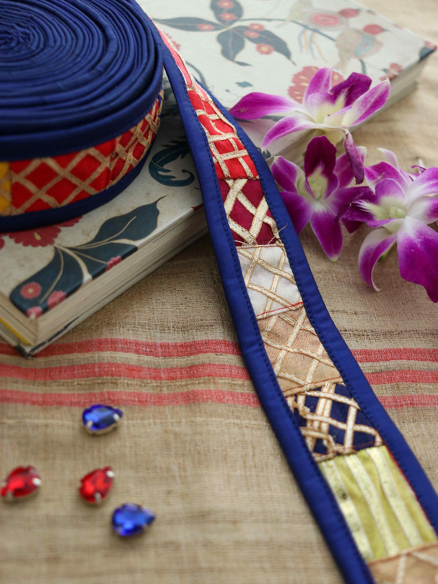 Boho Blue Patchwork Embroidered Trim,Upcycled Embroidered Lace,Blue Gold Gota Border,Indian Patchwork Khichdi Saree Border,Price/mtr