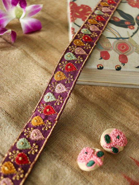 Plum Gold Teardrop Embroidered Trim,Multicolour Teardrop Border,Indian Floral Lace,Plum Pink Gold Lace,Plum Saree Border,Price/mt