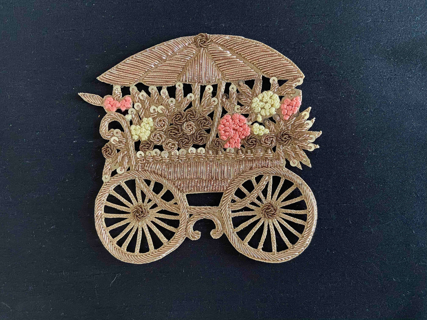 Vintage Flower Cart Embroidered patch,Handmade Golden Cart applique,Boho Vehicle patch,Gold Zari Vintage Sew on DIY Patch