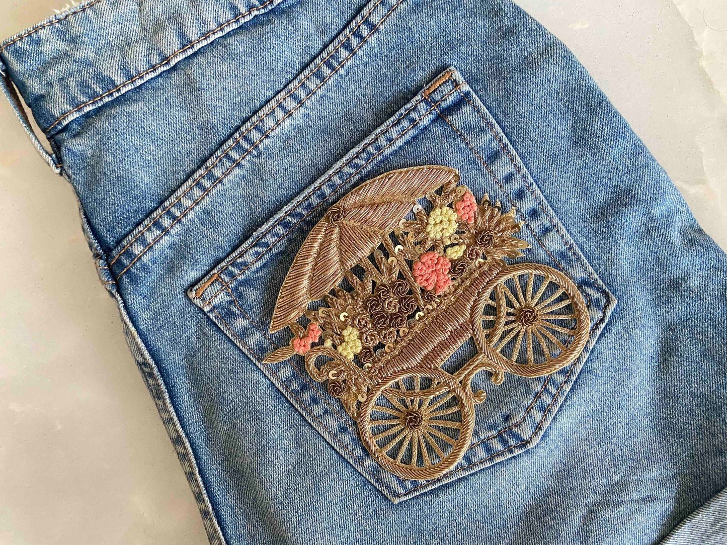 Vintage Flower Cart Embroidered patch,Handmade Golden Cart applique,Boho Vehicle patch,Gold Zari Vintage Sew on DIY Patch