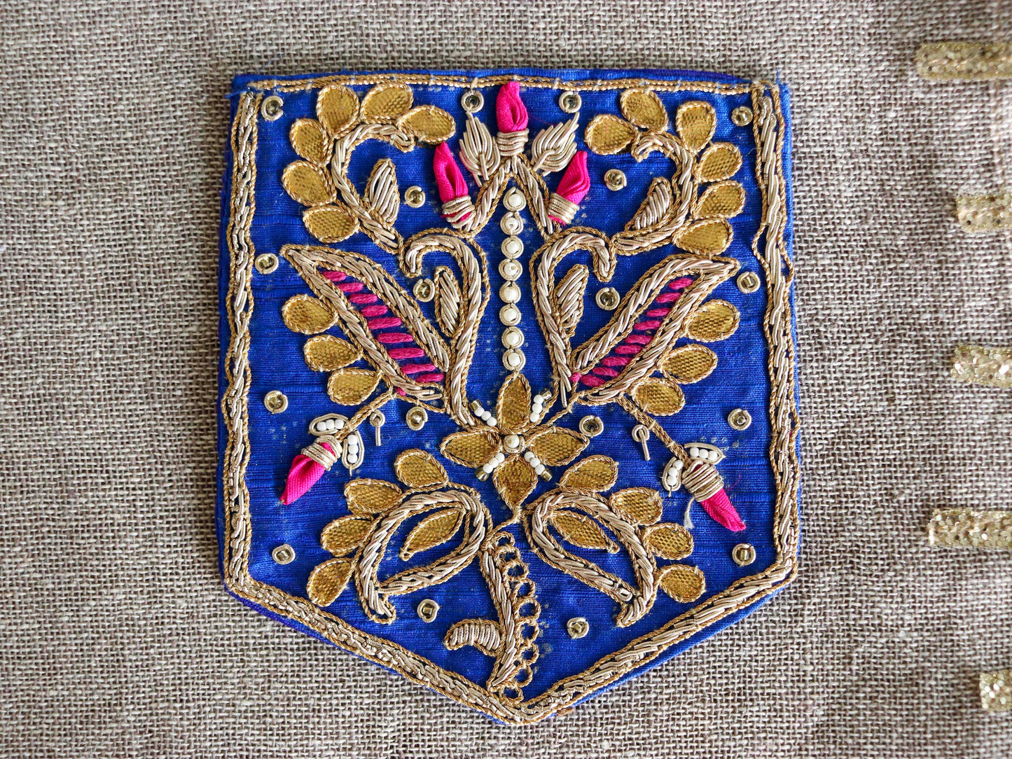 Blue Gold Embroidered Pocket Patch,Handmade Indian Blue Pocket Applique,Boho Kitschy Floral Bird Patch,DIY Denim Jacket Patch